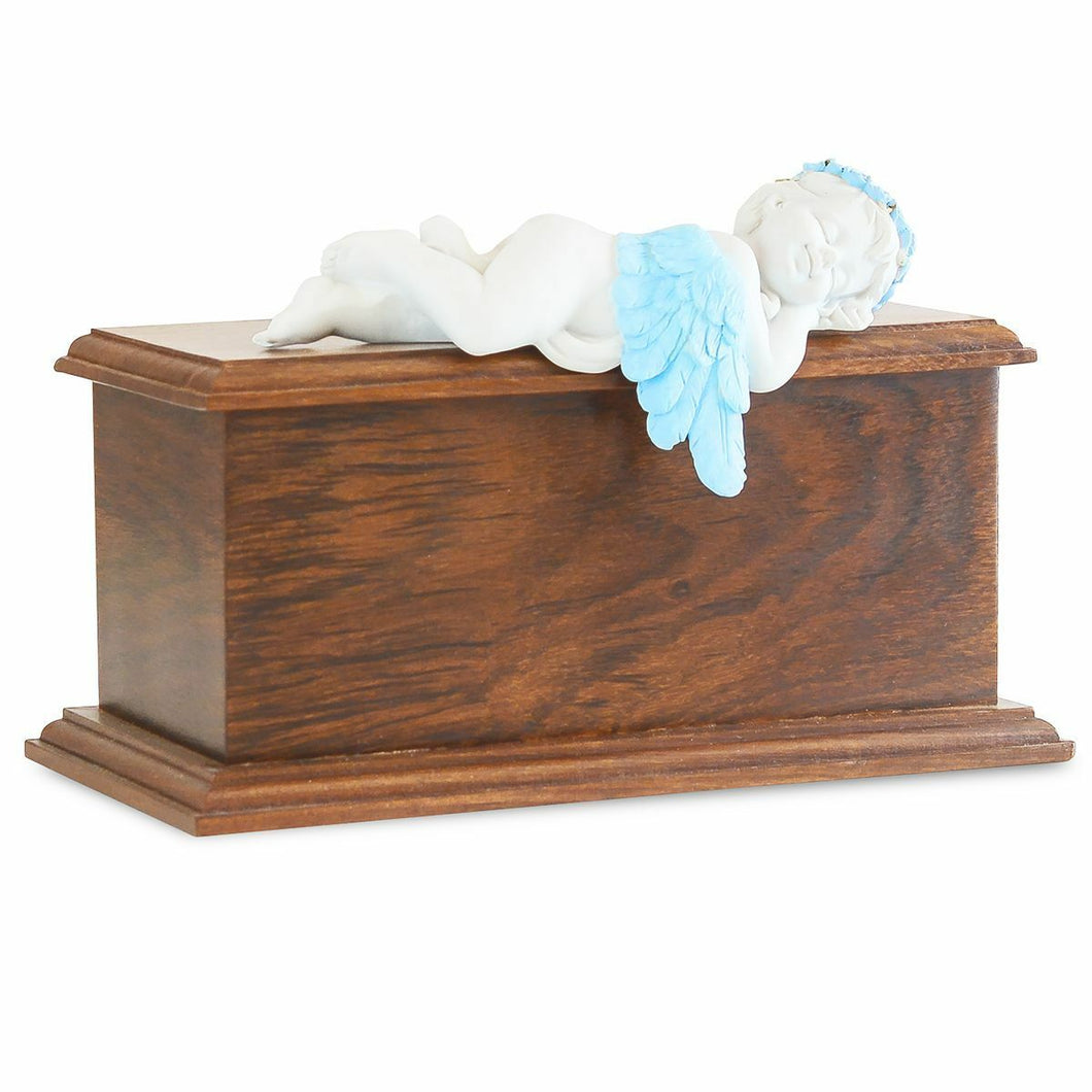 Small/Keepsake 80 Cubic Inch Blue Resting Angel Wood Cremation Urn for Ashes