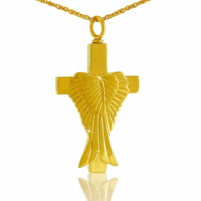 14K Solid Gold Angel's Cross Pendant/Necklace Funeral Cremation Urn for Ashes