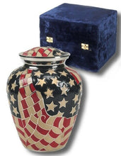 Load image into Gallery viewer, Patriotic American Flag Painted, Adult Brass Funeral Cremation Urn W. Velvet Box
