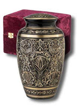 Load image into Gallery viewer, Adult Black and Gold Brass Cremation Urn w. Velvet Box
