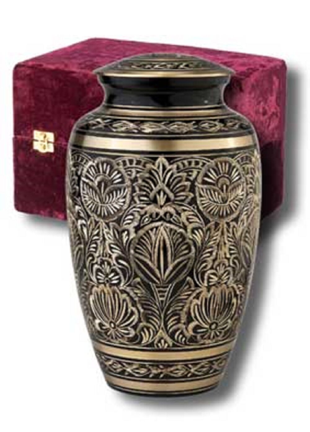 Adult Black and Gold Brass Cremation Urn w. Velvet Box