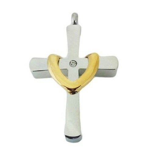Stainless Steel Gold Draped Cross Cremation Urn Pendant w/20-inch Necklace