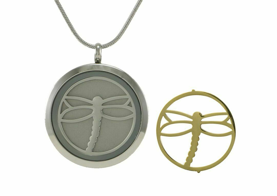Stainless Steel/14k Gold Plated Round Pewter Cremation Pendant w/Dragonfly
