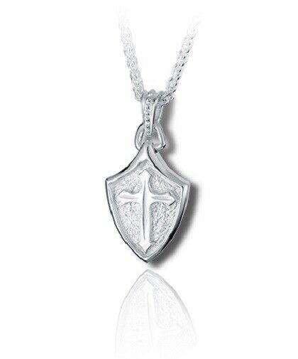 Sterling Silver Crusader Shield Funeral Cremation Urn Pendant for Ashes w/Chain