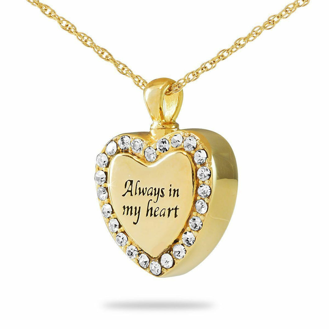 Always In My Heart Gold/Stainless Steel Funeral Cremation Urn Pendant w/Necklace