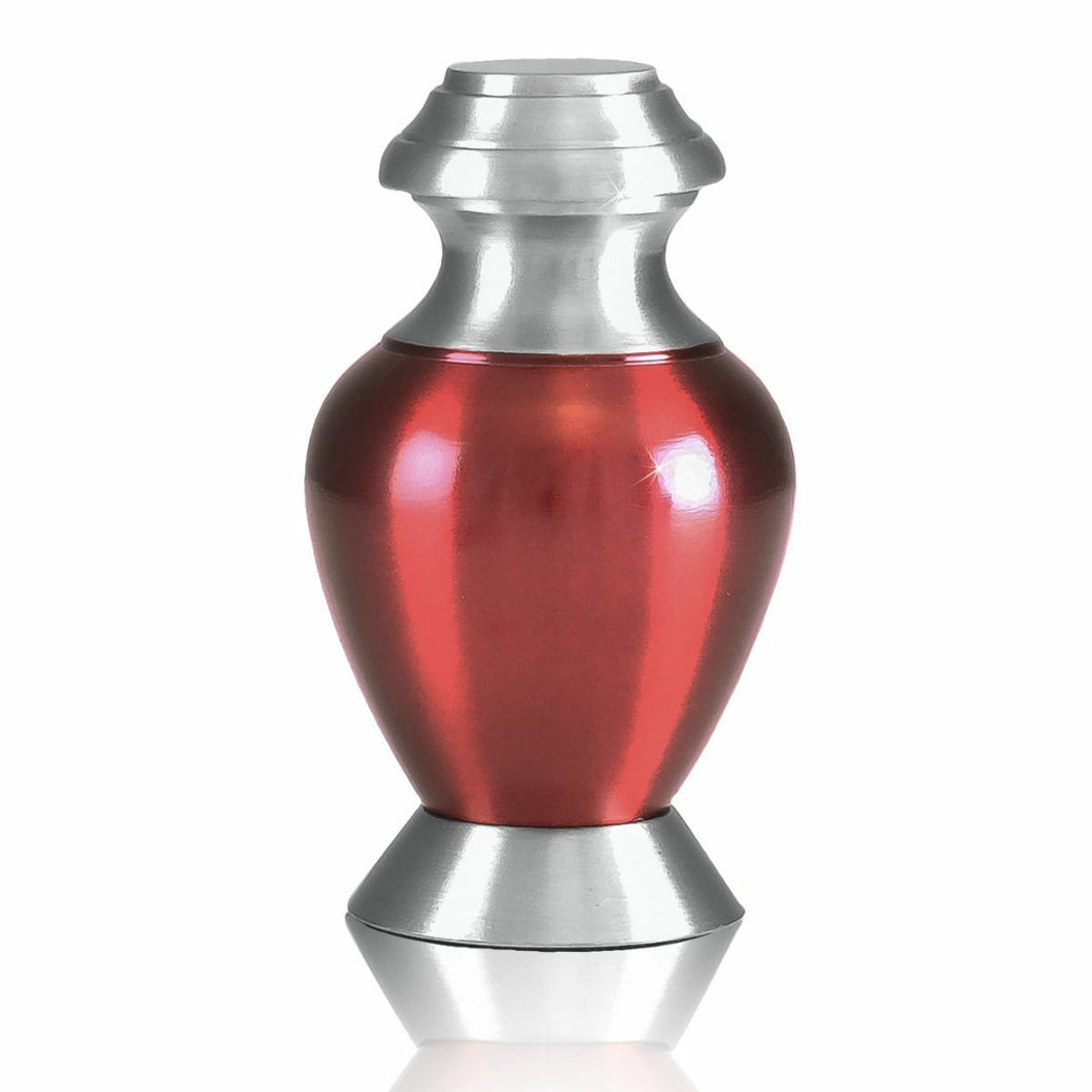 Small/Keepsake 4 Cubic Ins Red & Pewter Brass Funeral Cremation Urn for Ashes