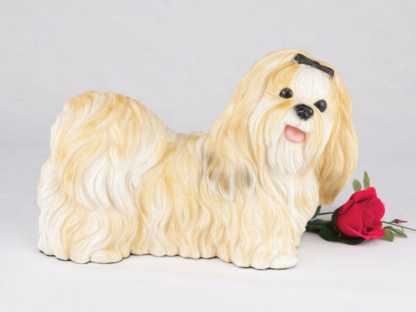 Large 123 Cubic Inches Gold & White Shih Tzu Resin Urn for Cremation Ashes
