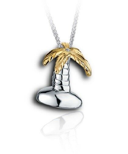Sterling Silver & 10kt Gold Palm Tree Funeral Cremation Urn Pendant w/Chain