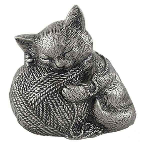 Small/Keepsake 50 Cubic Inch Silver Color Sleeping Cat Pet Funeral Cremation Urn
