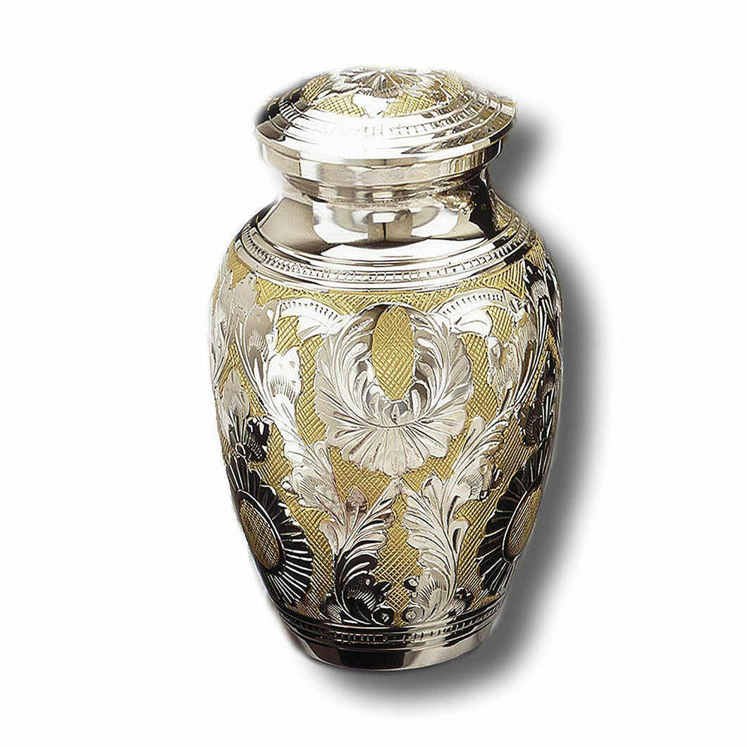 Classic Silver/Gold Keepsake Brass Cremation Urn with Velvet Heart Case 3 Inches