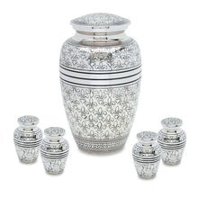 Load image into Gallery viewer, Set of Silver Brass Funeral Cremation Urns for Ashes - Large and 4 Keepsakes
