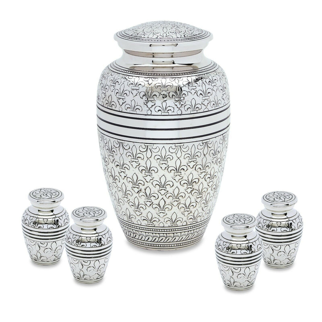 Set of Silver Brass Funeral Cremation Urns for Ashes - Large and 4 Keepsakes