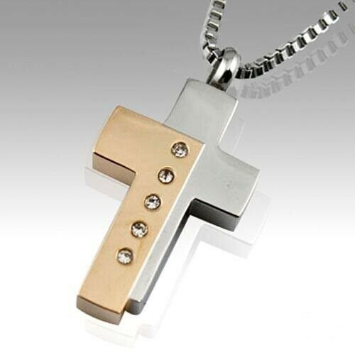Stainless Steel Bi-Color Cross Funeral Cremation Urn Memorial Pendant Jewelry