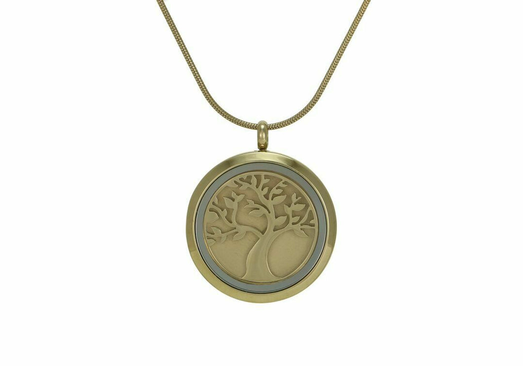 Stainless Steel/14k Gold Plated Round Bronze Companion Cremation Pendant w/Tree