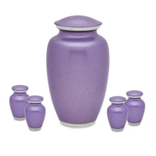 Load image into Gallery viewer, Set of Violet Aluminum Funeral Cremation Urns for Ashes - Adult &amp; 4 Keepsakes
