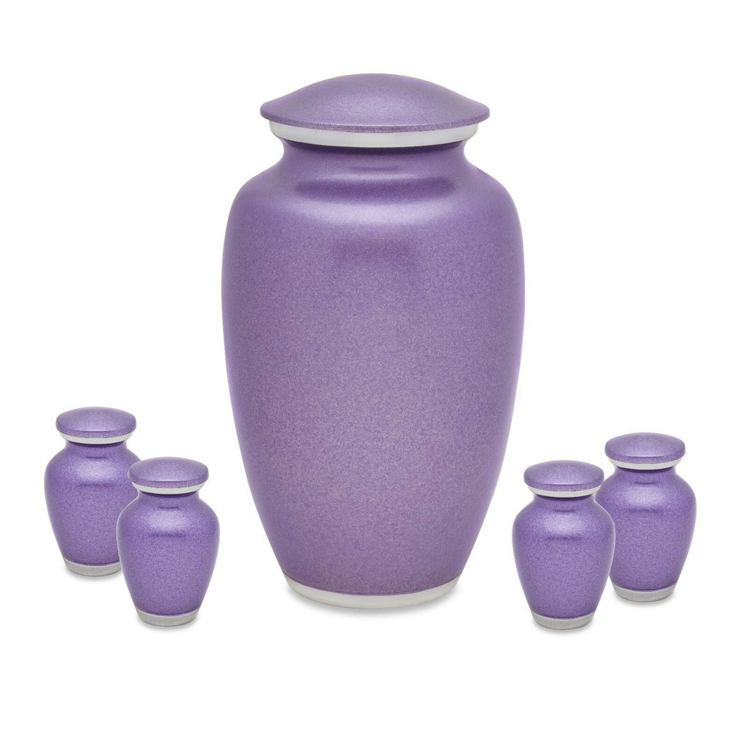 Set of Violet Aluminum Funeral Cremation Urns for Ashes - Adult & 4 Keepsakes