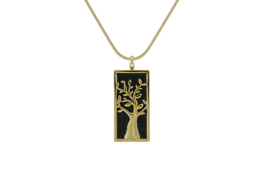 Stainless Steel/14K Gold Plated Bronze Embossed Tree Cremation Pendant w/chain