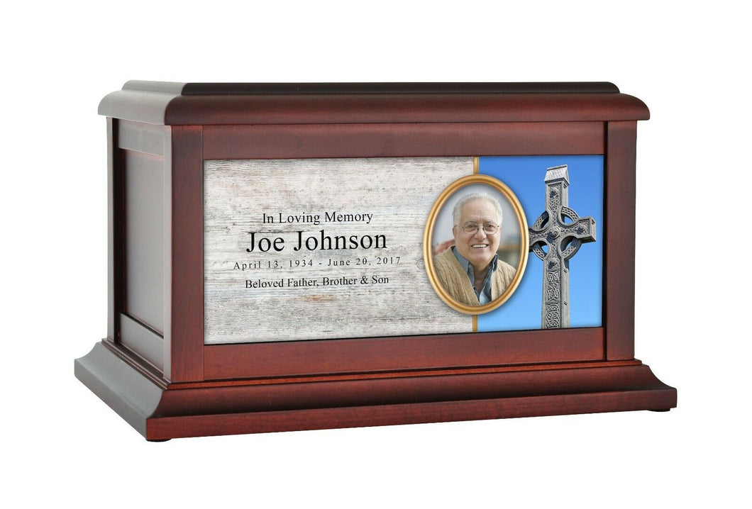 Large/Adult 200 Cubic Inches Celtic Cross Wood Photo Cremation Urn for Ashes