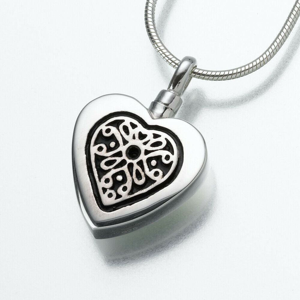 Sterling Silver Heart w/ Filigree Insert Memorial Pendant Funeral Cremation Urn