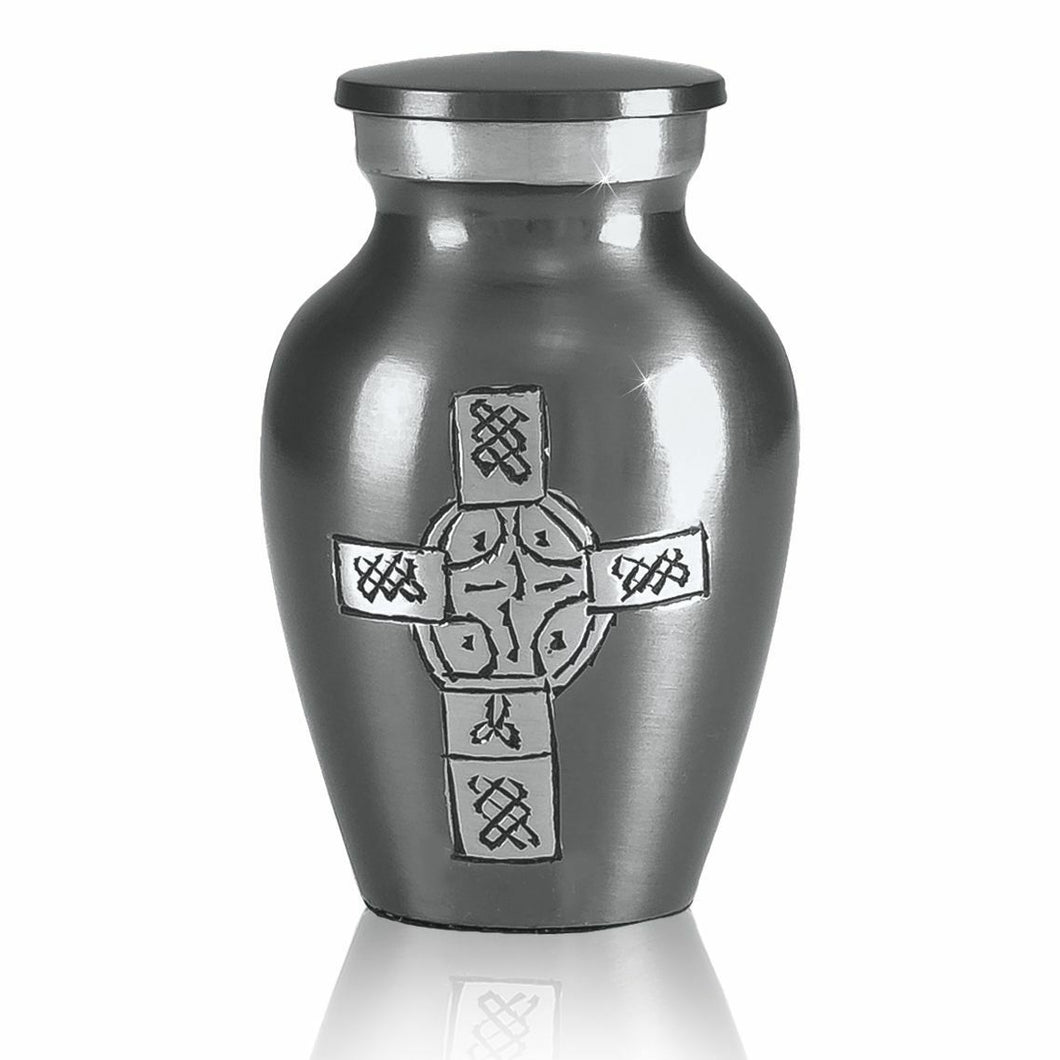 Small/Keepsake 4 Cubic Inches Gray Celtic Cross Brass Cremation Urn for Ashes