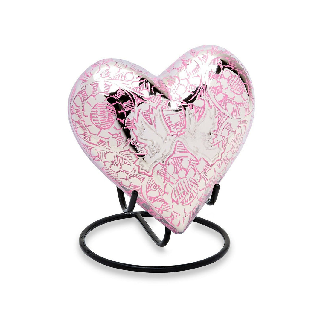 Small/Keepsake 3 Cubic Ins Pink Loving Doves Heart Cremation Urn for Ashes