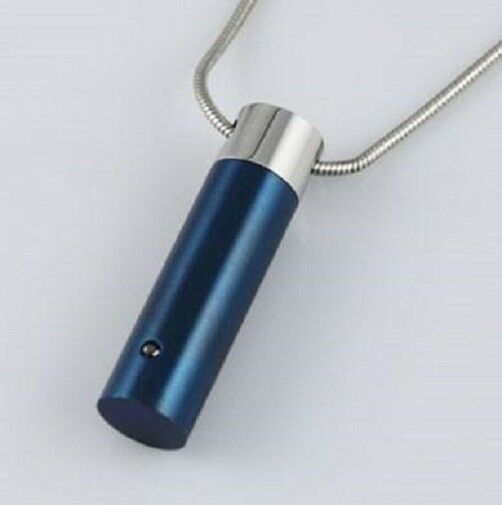 Blue Cylinder Stainless Steel Cremation Urn Pendant for Ashes w/20-inch Necklace