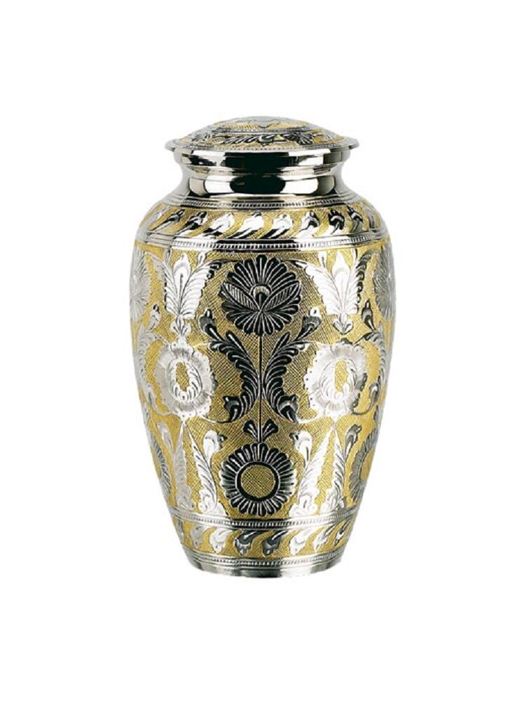 Silver and Gold Colored Brass Funeral Cremation Urn w. Box, 6