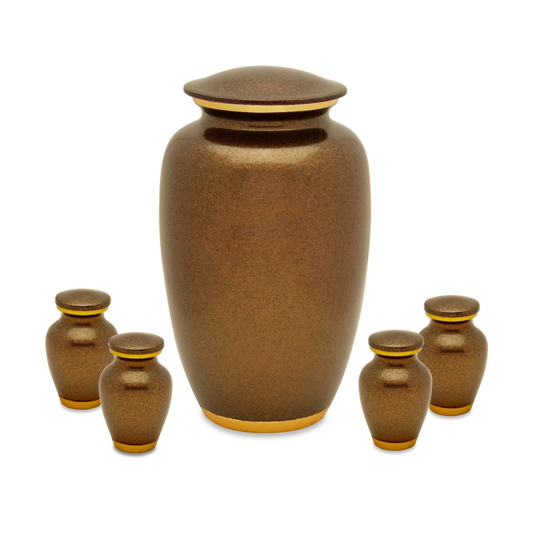 Set of Brown & Gold Aluminum Cremation Urns for Ashes - Adult & 4 Keepsakes