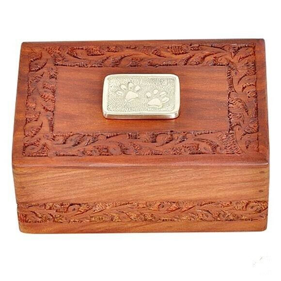 Small/Keepsake 30 Cubic Inch Rosewood/Brass Paw Prints Pet Funeral Cremation Urn