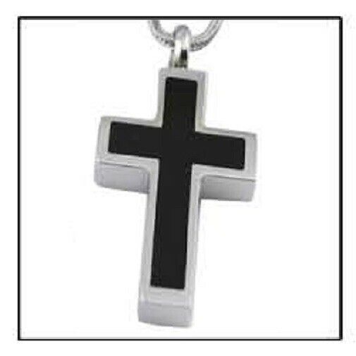 Black Cross Sterling Silver Funeral Cremation Urn Pendant w/Chain for Ashes