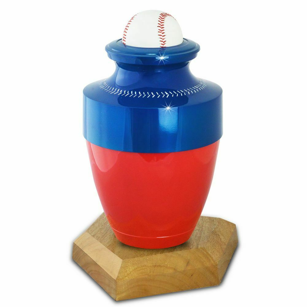 Large/Adult 220 Cubic Inch Blue & Red Aluminum Baseball Funeral Cremation Urn