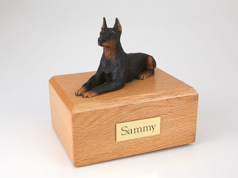 Doberman Black Laying Pet Funeral Cremation Urn Avail in 3 Dif Colors & 4 Sizes