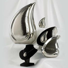 Load image into Gallery viewer, Small/Keepsake 3 Cubic Inches Tear Drop Silver Cremation Urn with Engraved Case
