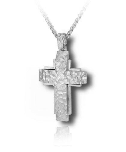 Sterling Silver Hammered Cross Funeral Cremation Urn Pendant for Ashes w/Chain