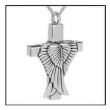 Load image into Gallery viewer, Wings on Cross Sterling Silver Funeral Cremation Urn Pendant w/Chain for Ashes
