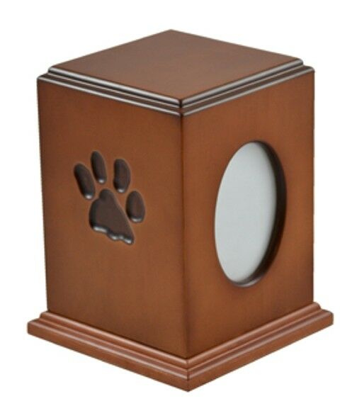 Paw Print Small Brown Wood 50 Cubic Inches Cremation Urn with Photo Frame