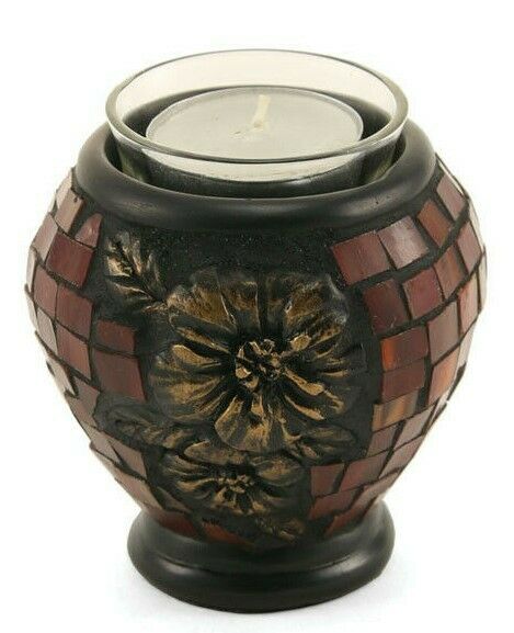 Small/Keepsake Red Mosaic Hibiscus Tealight Glass Funeral Cremation Urn