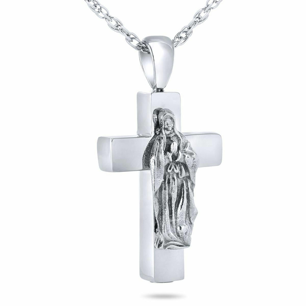 Mary's Cross Stainless Steel Pendant/Necklace Funeral Cremation Urn for Ashes