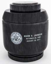 Load image into Gallery viewer, Large/Adult 205 Cubic Inches Black Crest Natural Marble Urn for Cremation Ashes
