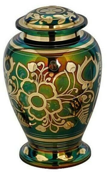 Large/Adult 200 Cubic Inch Floral Emerald Brass Funeral Cremation Urn for Ashes