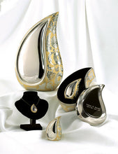 Load image into Gallery viewer, Set of 4 Silver &amp; Gold Teardrop Cremation Urns - Adult, Pendant &amp; 2 Keepsakes
