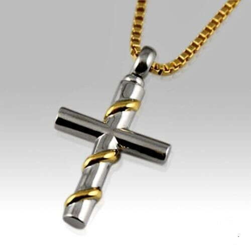 Stainless Steel Cross w Gold Wire Funeral Cremation Urn Memorial Pendant Jewelry