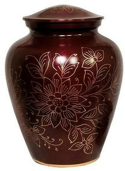 Large/Adult 200 Cubic Inch Metal Crimson Floral Funeral Cremation Urn for Ashes