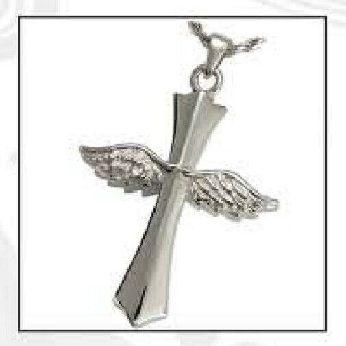 Winged Cross Stainless Steel Funeral Cremation Urn Pendant w/Chain for Ashes