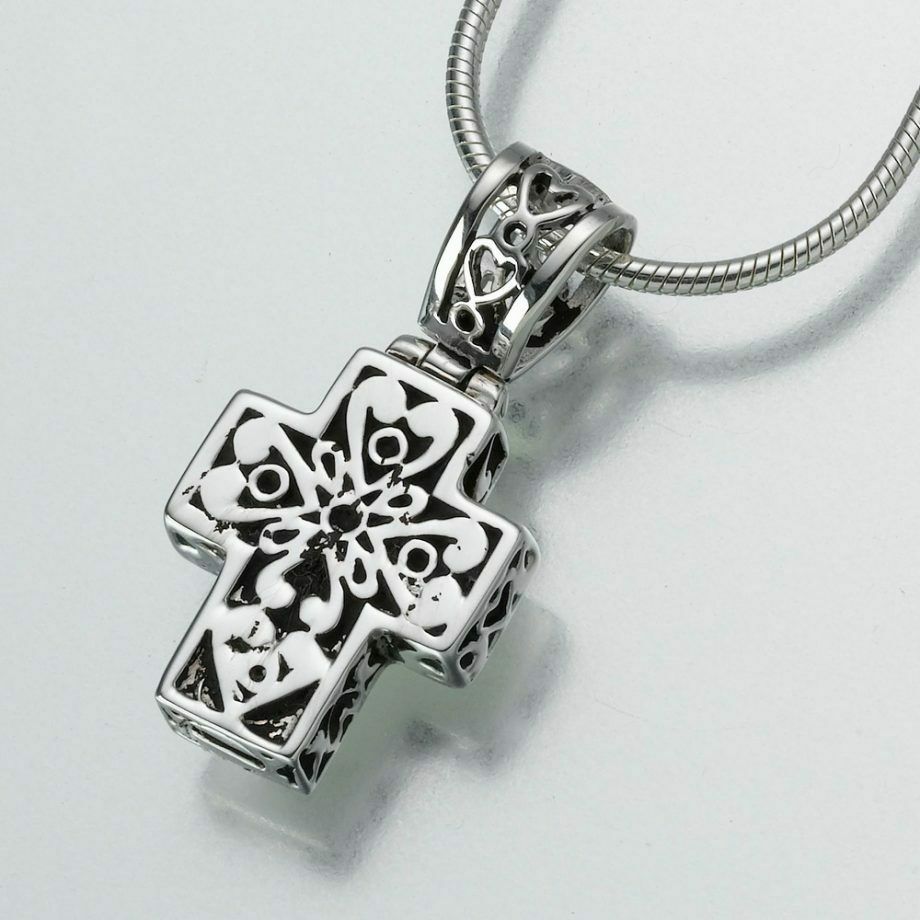 Sterling Silver Filigree Cross Memorial Jewelry Pendant Funeral Cremation Urn