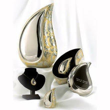 Load image into Gallery viewer, Small/Keepsake 3 Cubic Ins Silver&amp;Gold Tear Drop Cremation Urn w/Engraved Case
