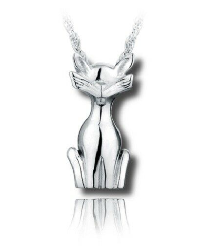 Sterling Silver Cat & Whiskers Funeral Cremation Urn Pendant for Ashes w/Chain