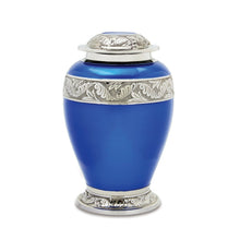 Load image into Gallery viewer, Set of Blue Brass Funeral Cremation Urns for Ashes - Large and 4 Keepsakes
