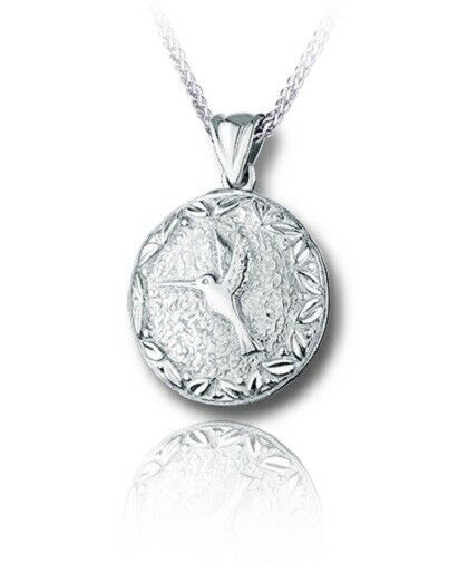 Sterling Silver Hummingbird Round Funeral Cremation Urn Pendant w/Chain