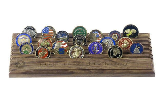 Walnut 6-Row Military Coin & Medallion Rack - Holds 42 Coins